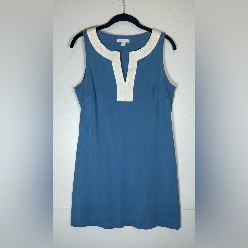 New York & Company Blue/White Trim Sleeveless VNeck Dress. Size Medium.